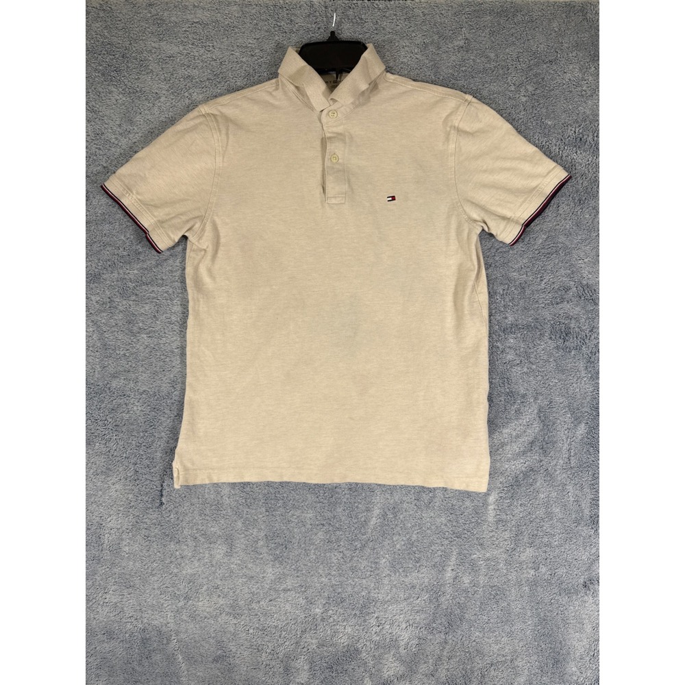 Tommy Hilfiger Mens Beige Cotton Pique Short Sleeve Polo Shirt Size‎ M Flag Logo